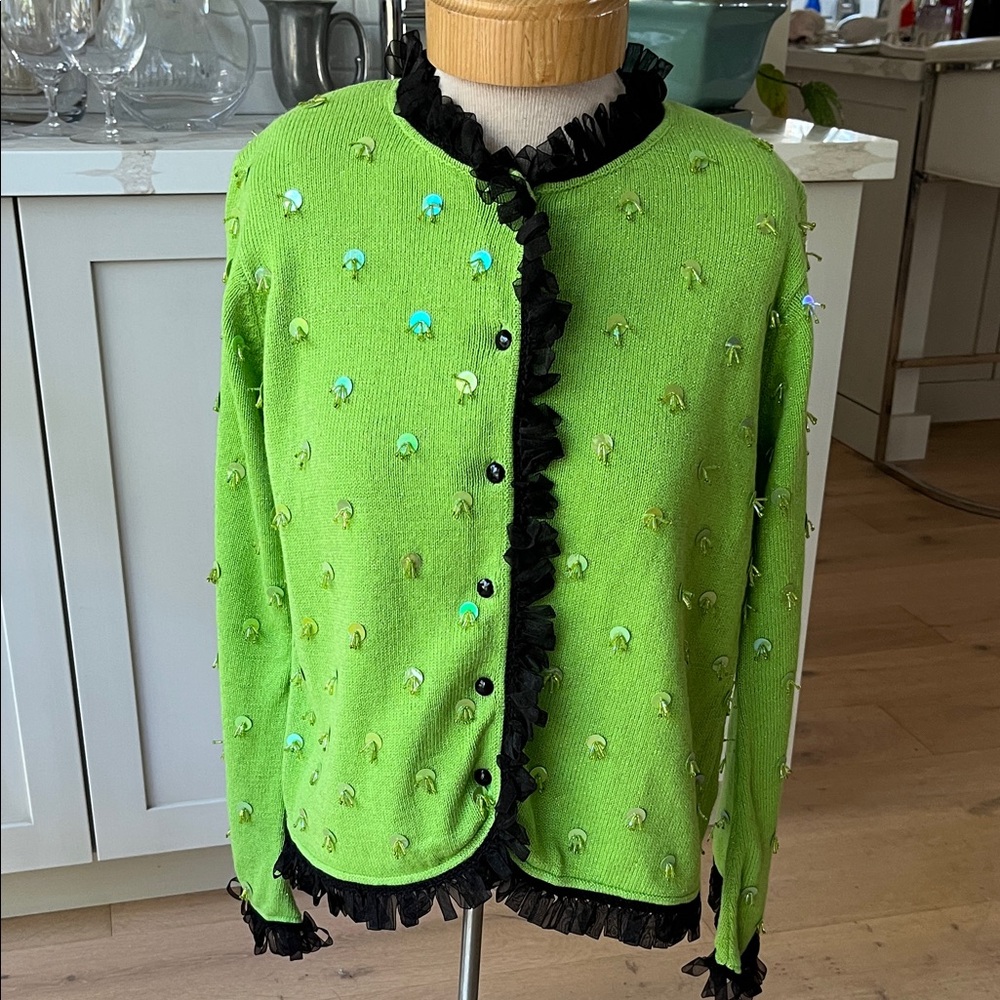 VGUC Design Options by Philip & Jane Gordon linen+ beaded bell sleeve cardigan